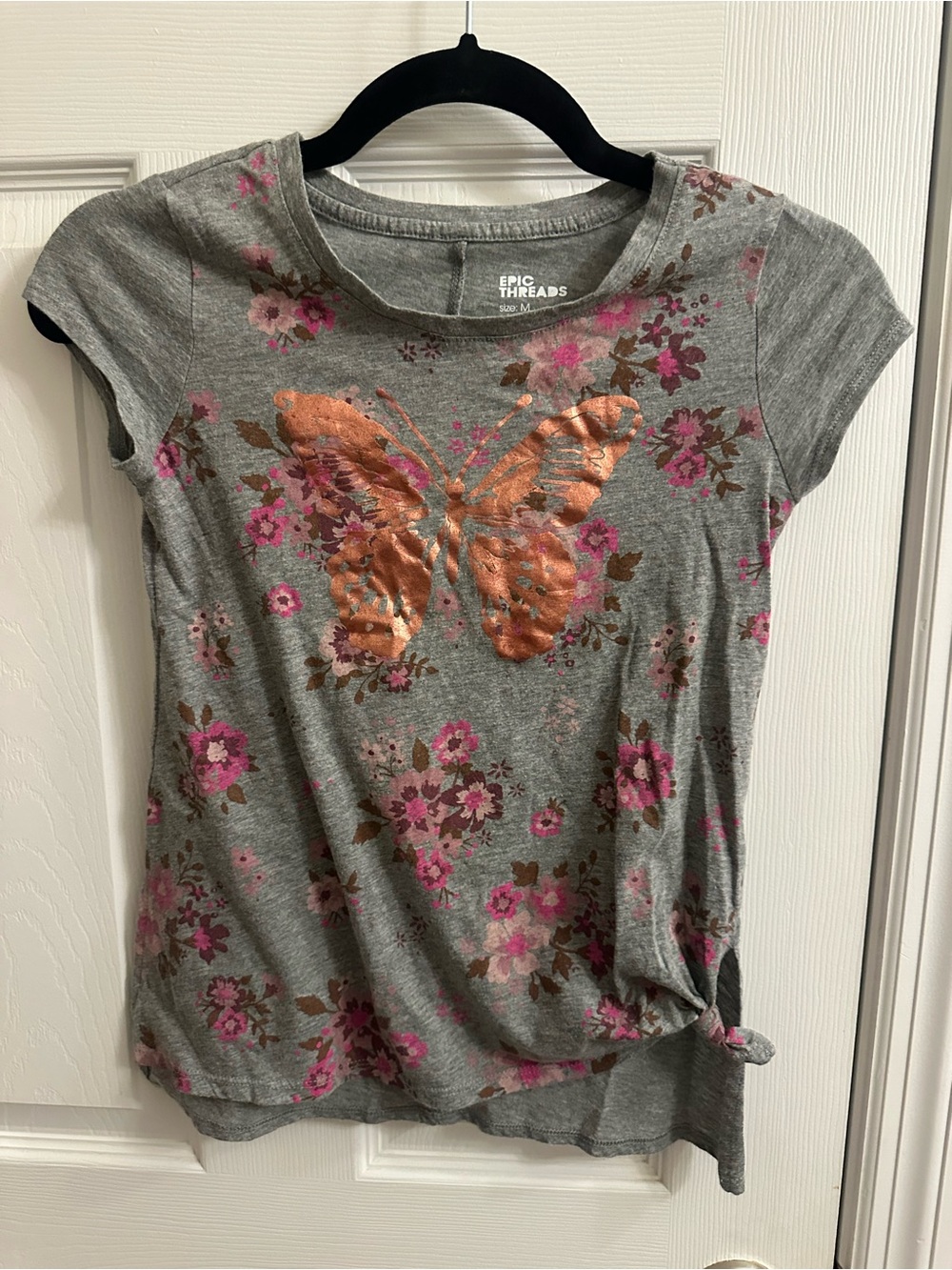 Epic Threads Girls Size Medium Short Sleeve Gray T Shirt Top Butterfly Foil